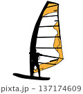Black silhouette of a man windsurfing on a board with colorful sail isolated on white background. Bright extreme water sport concept for summer vacation, adventure, or outdoor lifestyle design 137174609