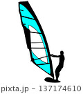 Black silhouette of a man windsurfing on a board with colorful sail isolated on white background. Bright extreme water sport concept for summer vacation, adventure, or outdoor lifestyle design 137174610