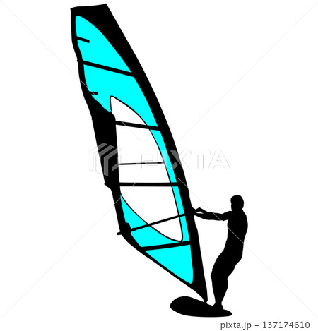 Black silhouette of a man windsurfing on a board with colorful sail isolated on white background. Bright extreme water sport concept for summer vacation, adventure, or outdoor lifestyle design Black silhouette of a man windsurfing on a board with colorful sail isolated on white background. Bright extreme water sport concept for summer vacation, adventure, or outdoor lifestyle design 137174610