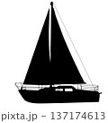 Black silhouette of a sailing yacht or sailboat isolated on white background. Simple graphic for maritime, nautical, or summer vacation design 137174613
