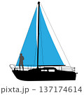Black silhouette of a sailing yacht with a man standing on the bow isolated on white background. Nautical graphic for maritime adventure, luxury travel, or summer vacation design 137174614