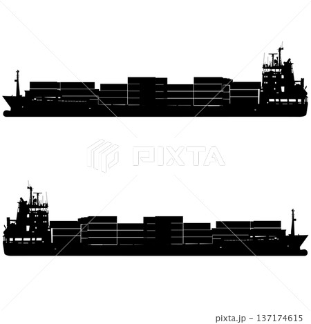 Black silhouette of a cargo ship or container vessel isolated on white background. Simple graphic for maritime transport, logistics, or international shipping design 137174615
