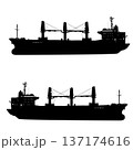 Black silhouette of a multi-purpose cargo ship with onboard cranes isolated on white background. Industrial graphic for maritime transport, logistics, or heavy lift shipping design 137174616