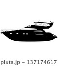 Black silhouette of a large luxury motor yacht isolated on white background. Sleek design for maritime travel, premium boating, or summer vacation graphics 137174617