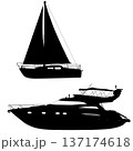 Black silhouette of a large luxury motor yacht isolated on white background. Sleek design for maritime travel, premium boating, or summer vacation graphics 137174618