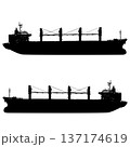 Black silhouette of a multi-purpose cargo ship with onboard cranes isolated on white background. Industrial graphic for maritime transport, logistics, or heavy lift shipping design 137174619