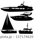 Set of black silhouette yachts isolated on white background. Collection includes sailing boats and luxury motor yachts. Nautical graphics for maritime travel and summer vacation design 137174620