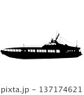 Black silhouette of a large luxury motor yacht isolated on white background. Sleek design for maritime travel, premium boating, or summer vacation graphics 137174621