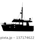 Black silhouette of a large luxury motor yacht isolated on white background. Sleek design for maritime travel, premium boating, or summer vacation graphics 137174622