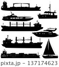 Set of black silhouette ships and yachts isolated on white. Collection includes sailing boats, motor yachts, container vessel and cargo freighter with cranes. Nautical graphics for maritime design 137174623