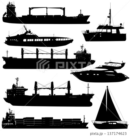 Set of black silhouette ships and yachts isolated on white. Collection includes sailing boats, motor yachts, container vessel and cargo freighter with cranes. Nautical graphics for maritime design Set of black silhouette ships and yachts isolated on white. Collection includes sailing boats, motor yachts, container vessel and cargo freighter with cranes. Nautical graphics for maritime design 137174623