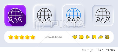 Global business line icon. Neumorphic, Flat shadow, 3d buttons. International outsourcing group sign. Internet marketing symbol. Line global business icon. Social media icons. Vector 137174703