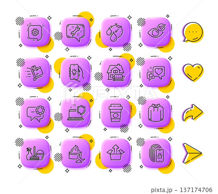 Send box, Takeaway coffee and Hoody line icons. App 3d buttons. Social media comment, share, like icons. Pack of Timer, Inventory cart, Spanner icon. Vector Send box, Takeaway coffee and Hoody line icons. App 3d buttons. Social media comment, share, like icons. Pack of Timer, Inventory cart, Spanner icon. Vector 137174706