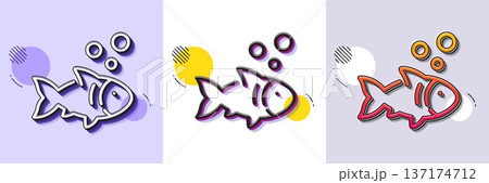 Fish line icon. Halftone dotted pattern. Gradient icon with grain shadow. Fishing catch sign. Fresh seafood symbol. Line fish icon. Various designs. Vector 137174712