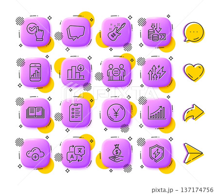 Ethics, Electric guitar and Speech bubble line icons. App 3d buttons. Social media comment, share, like icons. Pack of Checklist, Graph phone, Deflation icon. Vector 137174756