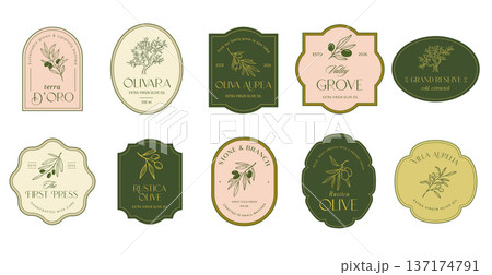 Vintage hand drawn olive old labels, badges and logos. 137174791