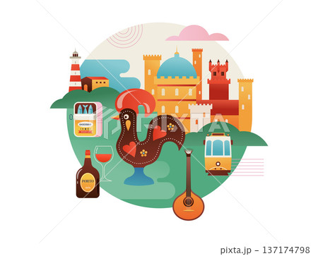Portugal touristic attractions, landmarks and symbols colorful banner, poster and postcard 137174798