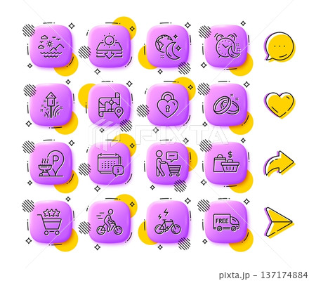 Sleep, E-bike and Sun protection line icons. App 3d buttons. Social media comment, share, like icons. Pack of Love lock, Alarm, Calendar icon. Shopping rating, Cyclist, Fireworks pictogram. Vector Sleep, E-bike and Sun protection line icons. App 3d buttons. Social media comment, share, like icons. Pack of Love lock, Alarm, Calendar icon. Shopping rating, Cyclist, Fireworks pictogram. Vector 137174884