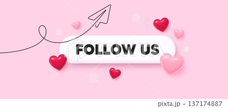 Follow us search bar. Share plane line icon. Follow us tag. Special offer sign. Super offer symbol. Search button with 3d hearts. Vector 137174887