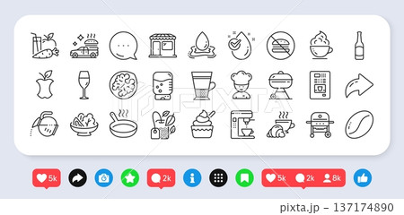 Coffee maker, Organic waste and Coffee cup line icons pack. Social media: share, comment, like icons. Mint bag, Water drop, Grill web icon. Water splash, Wineglass, Salad pictogram. Vector Coffee maker, Organic waste and Coffee cup line icons pack. Social media: share, comment, like icons. Mint bag, Water drop, Grill web icon. Water splash, Wineglass, Salad pictogram. Vector 137174890