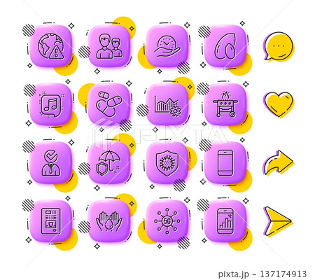 Coronavirus, Capsule pill and Wash hands line icons. App 3d buttons. Social media comment, share, like icons. Pack of Safe time, Coffee vending, Vacancy icon. Vector 137174913