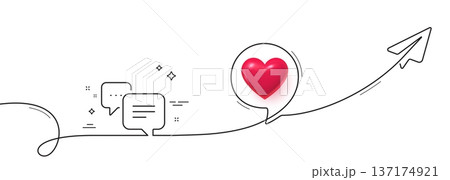 Dots message line icon. Continuous line with share plane. Chat comment sign. Speech bubble symbol. 3d heart in speech bubble. Dots message single line ribbon. Loop curve pattern. Vector 137174921