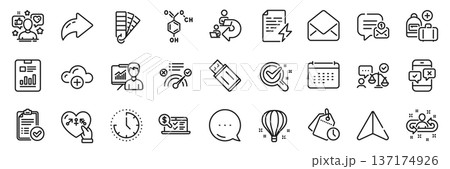 Time, New message and Influence line icons pack. Share, Message, Paper plane icons. Presentation, Report document, Correct answer web icon. Calendar, Phone survey, Chemistry lab pictogram. Vector 137174926