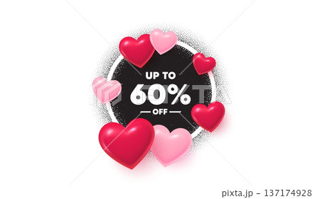 Discount tag frame love banner. Circle photo frame. Up to 60 percent off sale. Discount offer price sign. Special offer symbol. Save 60 percentages. 3d hearts balloons. Grain dots pattern. Vector Discount tag frame love banner. Circle photo frame. Up to 60 percent off sale. Discount offer price sign. Special offer symbol. Save 60 percentages. 3d hearts balloons. Grain dots pattern. Vector 137174928
