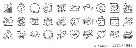 Honeymoon line icons. Settings gear, Message, Inflation icons. Wedding car, marriage rings, love. Bridal champagne, Valentine heart icons. Couple tickets, honeymoon travel, married night. Vector 137174948