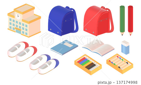 学校に関連したアイテムの3DCGイラスト。小学校にまつわるアイソメトリックアイコン 137174998