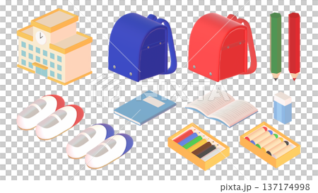 学校に関連したアイテムの3DCGイラスト。小学校にまつわるアイソメトリックアイコン 137174998