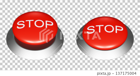 STOPの文字が書かれた赤い押しボタンの3DCGイラスト。ボタンのオンオフの挿絵アイコン 137175004