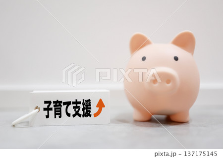 子育て支援と補助金を表す豚の貯金箱イメージ。 子育て支援と補助金を表す豚の貯金箱イメージ。 137175145