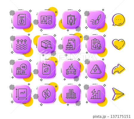 Buildings, Elevator and Petrol station line icons. App 3d buttons. Social media comment, share, like icons. Pack of Brush, Antistatic, Technical info icon. Vector 137175151