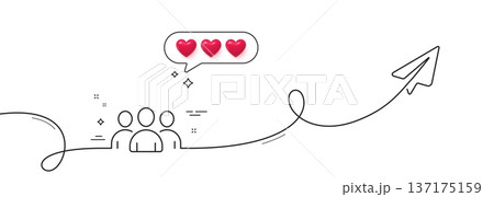 Group line icon. Continuous line with share plane. Users or Teamwork sign. Person silhouette symbol. Hearts rate review in speech bubble. Group single line ribbon. Loop curve pattern. Vector Group line icon. Continuous line with share plane. Users or Teamwork sign. Person silhouette symbol. Hearts rate review in speech bubble. Group single line ribbon. Loop curve pattern. Vector 137175159
