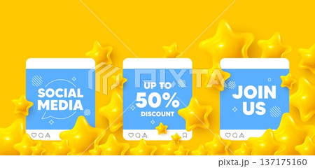 Discount tag social media post. Join us template mockup. Up to 50 percent discount. Sale offer price sign. Special offer symbol. Save 50 percentages. Like, comment and share icons. Vector Discount tag social media post. Join us template mockup. Up to 50 percent discount. Sale offer price sign. Special offer symbol. Save 50 percentages. Like, comment and share icons. Vector 137175160