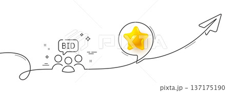 Auction line icon. Continuous line with share plane. Bid offer sign. Raise the price up symbol. 3d star in speech bubble. Auction single line ribbon. Loop curve pattern. Vector 137175190