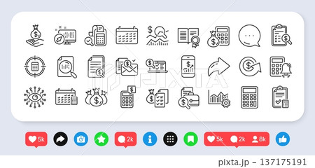 Accounting line icons. Social media: share, comment, like icons. Set of Check investment, Calculator and Report icons. Calendar, Banking account and Finance accounting report document. Vector 137175191