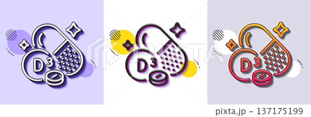 Vitamin D3 line icon. Halftone dotted pattern. Gradient icon with grain shadow. Cholecalciferol food nutrient sign. Capsule or pill supplement symbol. Line cholecalciferol icon. Vector Vitamin D3 line icon. Halftone dotted pattern. Gradient icon with grain shadow. Cholecalciferol food nutrient sign. Capsule or pill supplement symbol. Line cholecalciferol icon. Vector 137175199
