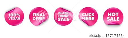 Vegan food sticker tag. Click here, Black friday paper price banners. 100 percent vegan tag. Organic bio food sign. Vegetarian product symbol. Hot sale sticker. Promo banners. Vector 137175234