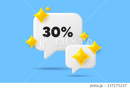 Discount chat speech bubble. Social media concept. 30 percent off sale tag. Discount offer price sign. Special offer symbol. 3d sparkles chat bubble. Vector 137175237