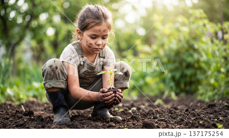 Little girl carefully and lovingly holding a small plant 137175254