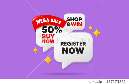 Register now speech bubbles. Mega sale flag ribbon. Register now tag. Free registration offer. Create an account message. Discount chat bubbles with 3d sparkles. Vector 137175261