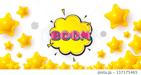 Boom bubble winner banner with 3d stars. Golden stars banner. Boom comic cartoon bubble banner. Discount sticker shape. Sale coupon icon. Review rate background. Vector 137175465