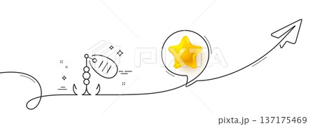 Fishing lure line icon. Continuous line with share plane. Spinning bait sign. Catching fish symbol. 3d star in speech bubble. Fishing lure single line ribbon. Loop curve pattern. Vector Fishing lure line icon. Continuous line with share plane. Spinning bait sign. Catching fish symbol. 3d star in speech bubble. Fishing lure single line ribbon. Loop curve pattern. Vector 137175469