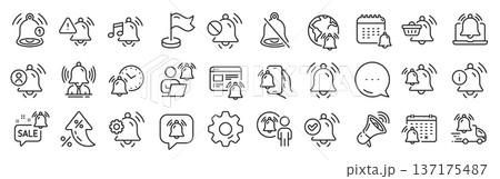 Notification line icons. Settings gear, Message, Inflation icons. Alarm Clock, Calendar Reminder, Notification Bell. User Message Alarm, Phone ring, Sale offer line icons. Vector 137175487