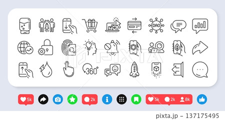 Text message, Sign out and Lock line icons pack. Social media: share, comment, like icons. Partnership, Hand click, Security app web icon. Vector 137175495