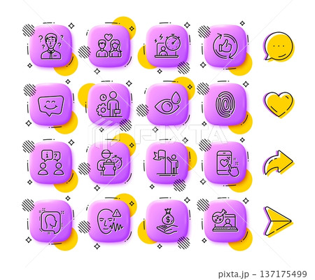 Fingerprint, Leadership and Support consultant line icons. App 3d buttons. Social media comment, share, like icons. Pack of Head, Delivery man, Voice wave icon. Vector Fingerprint, Leadership and Support consultant line icons. App 3d buttons. Social media comment, share, like icons. Pack of Head, Delivery man, Voice wave icon. Vector 137175499