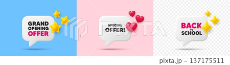 Special offer chat speech bubble. 3d stars, sparkles, hearts chat bubbles. Special offer tag. Sale sign. Advertising Discounts symbol. Final sale, Back to school tag. Vector Special offer chat speech bubble. 3d stars, sparkles, hearts chat bubbles. Special offer tag. Sale sign. Advertising Discounts symbol. Final sale, Back to school tag. Vector 137175511