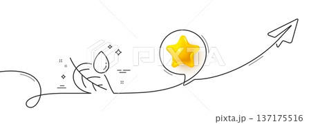Leaf with water drop line icon. Continuous line with share plane. Nature plant dew sign. Environmental care symbol. 3d star in speech bubble. Leaf dew single line ribbon. Loop curve pattern. Vector 137175516